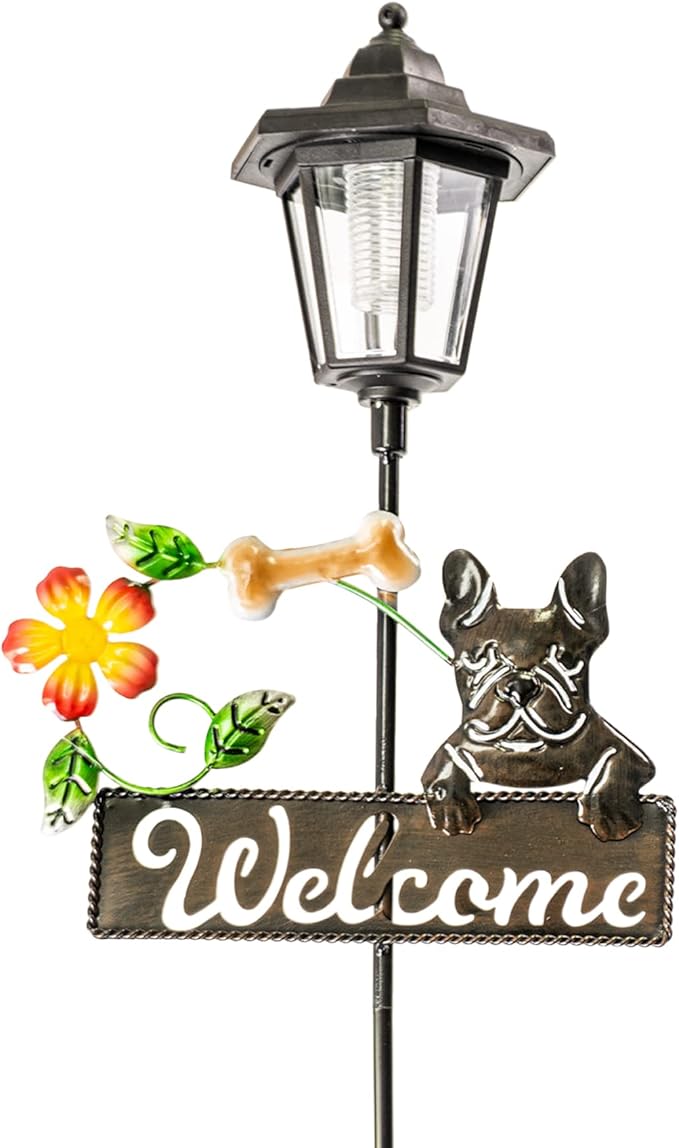 Crosslight Solar LED French Bulldog Welcome Sign - Weatherproof Garden Stake Light for Outdoor Decoration - Decor for Yard, Lawn, Patio, Pathway, Backyard | Warm White