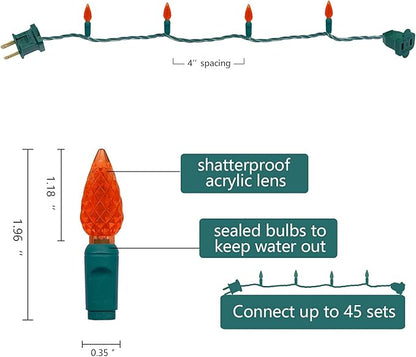 UL Listed 50 Count C6 Led Christmas Lights,C6 Strawberry Lights Bulbs,Outdoor Led String Lights for Garden Patio Halloween Christmas Lighting Decoration,17 Ft Green Wire (Orange)