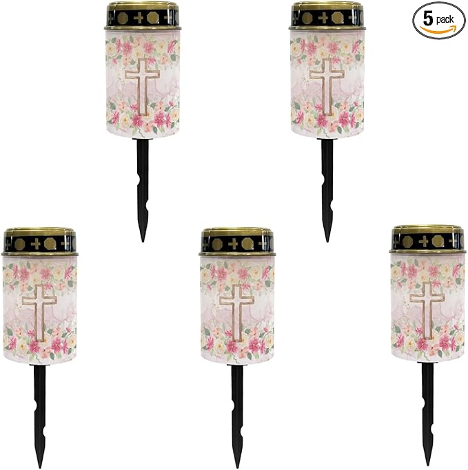 Cross Floral Solar Lights Outdoor Solar Garden Stake Lights Landscape Lighting for Yard Patio Cemetery Decoration for Grave,Flameless Warm White Lights Solar Powered Lights for Outside,Pink