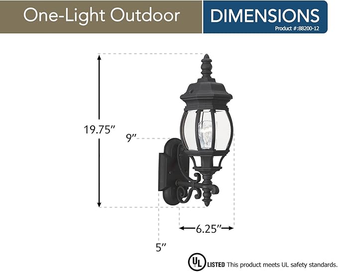 Sea Gull Lighting 88200-12 Wynfield One-Light Outdoor Wall Lantern with Clear Beveled Glass Panels, Black Finish | Lumora