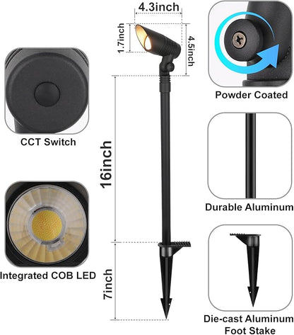 Mini Landscape Spotlights Low Voltage, 16'' Tall Pole, 5CCT 5W 12V LED Landscape Spot Lights Wired for Outdoor House Yard Palm Tree Pathway Path Sidewalk, 60° Beam Angle, Black, 6PK