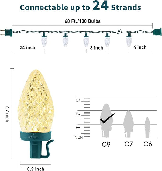 C9 LED Christmas Lights Outdoor, 68 Ft 100 LED C9 String Lights with 100 All in One Clips, Connectable Waterproof Christmas Tree Lights for Outside Roofline Backyard Garden Decor, Warm White 2 Pack