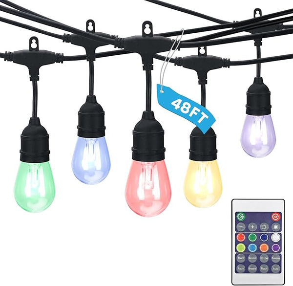 LUXRITE 48FT LED RGBW Outdoor String Lights, Remote Control Color Changing Cafe Lights, Commercial Grade | Lumora
