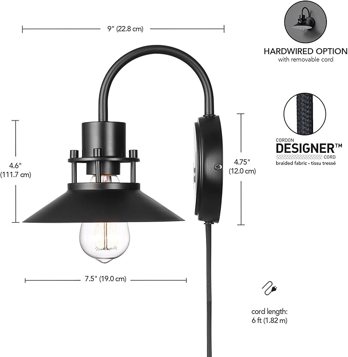 GLOBE Electric Wren 1-Light Plug-in or Hardwire Wall Sconce, Matte Black, 6ft Black Braided Fabric Designer Cord, in-Line On/Off Rocker Switch, Bulb Not Included