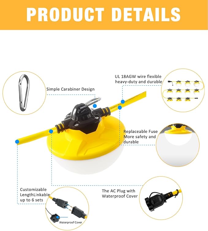 100FT Construction String Light 130W 16000Lm, 5000K Industrial Grade LED String Work - Outdoor Security Flood Light | Lumora