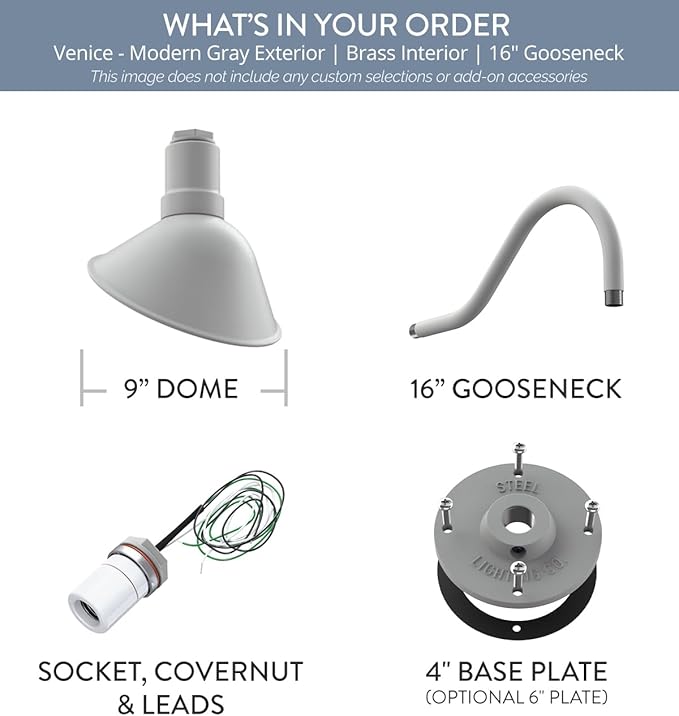 Steel Lighting Co. Venice Store Sign Light | for Outdoor Restaurant Accent Wall | 9 inch Dome | 16" Gooseneck | Made in America | Modern Gray Exterior/Brass Interior