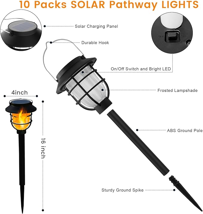 10 Pack Solar Pathway Lights Outdoor - Bright Solar Powered Garden Lights with Flickering Flame, Auto On/Off | Lumora