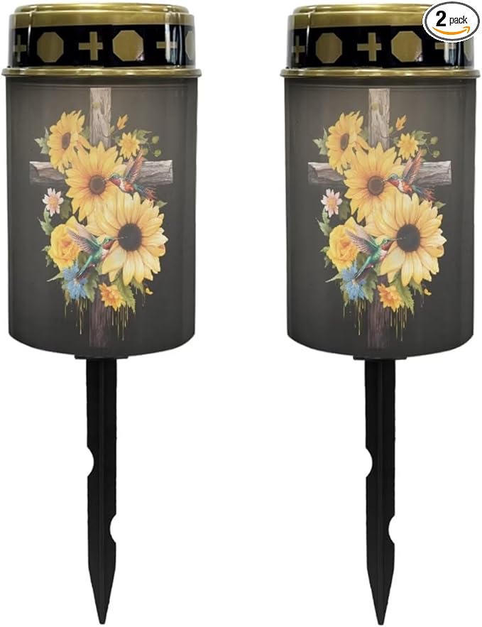 Poceacles Cross Outdoor Solar Lights Waterproof Outdoor Lights Solar Powered Solar Lantern Light Blessed Candles Cemetery Lights Outdoor Stake Home Decorative, Sunflower Hummingbird Cross, Pack of 2