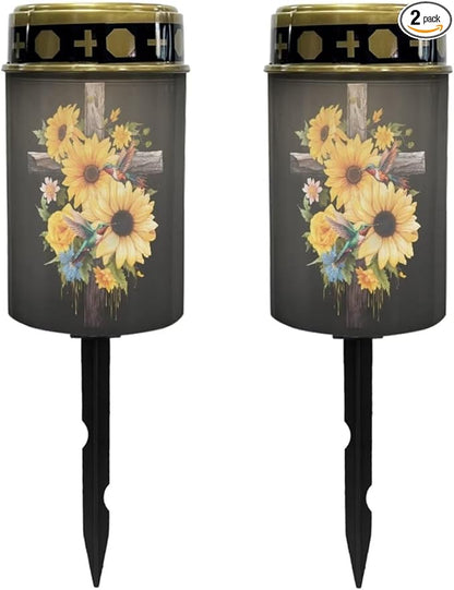 Poceacles Cross Outdoor Solar Lights Waterproof Outdoor Lights Solar Powered Solar Lantern Light Blessed Candles Cemetery Lights Outdoor Stake Home Decorative, Sunflower Hummingbird Cross, Pack of 2