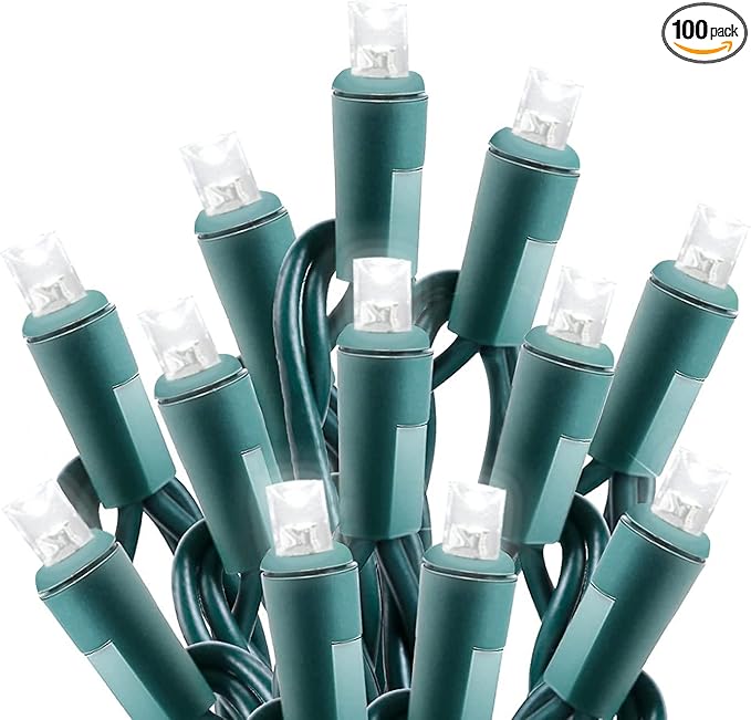 50ft 100 Counts Cool White LED Christmas Lights Outdoor- Commercial Grade Outdoor Waterproof, LED String Lights Indoor 5mm Wide Angle Green Wire, Xmas Tree Lights, IP:65, UL