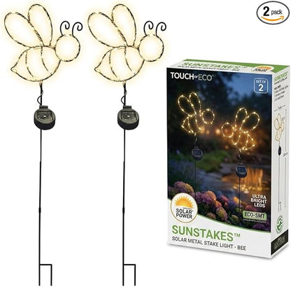 Touch Of ECO Outdoor Solar Powered LED Decorative Garden Stake Light - 2 Pack Warm White Bee Design - Great Decor for Yard, Patio, Lawn, Planter-Makes a Great Gift