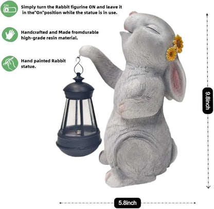 Garden Statue Solar Garden Decor Solar Rabbit with LED Light Outdoor Easter Decorations for Home, Patio, Yard,Lawn Ornaments Waterproof Resin Figurine Christmas Mother's Day Gifts（9.8 Inch）