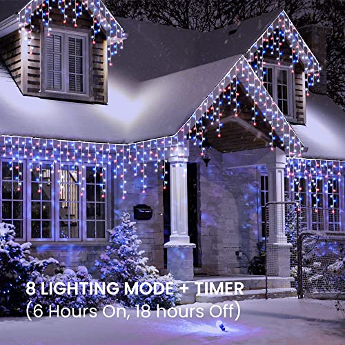 Toodour Red White Blue Christmas Icicle Lights, 29.5ft 360 LED Icicle Lights, 8 Modes, 60 Drops, Window Curtain Led Christmas Light, Icicle Twinkle Light for Eaves, Party, Wedding, Xmas Decorations