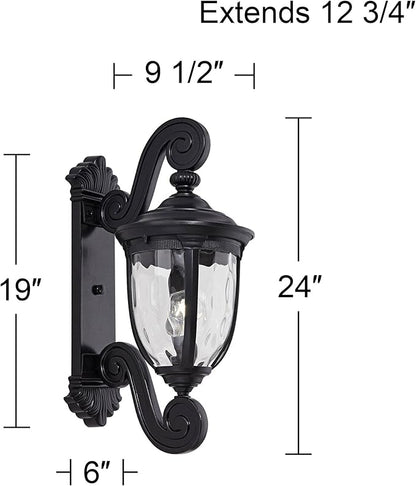 John Timberland Bellagio European Outdoor Wall Light Fixture Texturized Black Dual Scroll Arm 24" Clear Hammered Glass for Exterior House Porch Patio Outside Deck Garage Front Door Garden Home