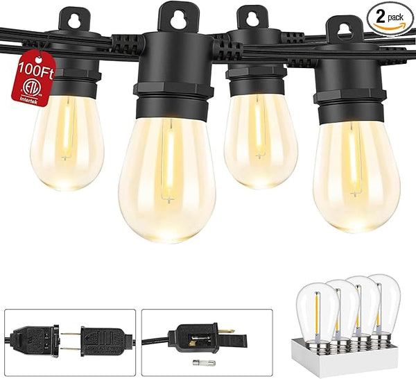 100FT Patio String Lights Outdoor Waterproof IP65, Line Voltage 110V Bistro Lights with Shatterproof Edison Vintage | Lumora