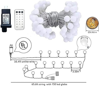 65.6ft Color Changing String Lights, 150 LED Multicolor & Warm White Globe Lights with Remote, 11 Modes, IP44 Waterproof, Plug in Fairy Lights for Indoor Outdoor Christmas Party Garden Decor