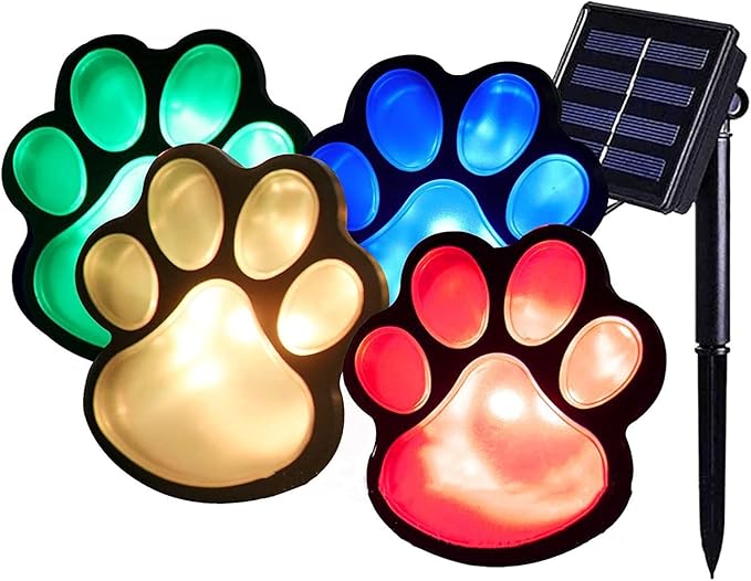 4 Solar Dog Animal Paw Print Lights Garden Statue Lantern Led Path 3" Light Lamp for Garden Patio Yard Decor Walkway Outdoor Decorations (Colorful)