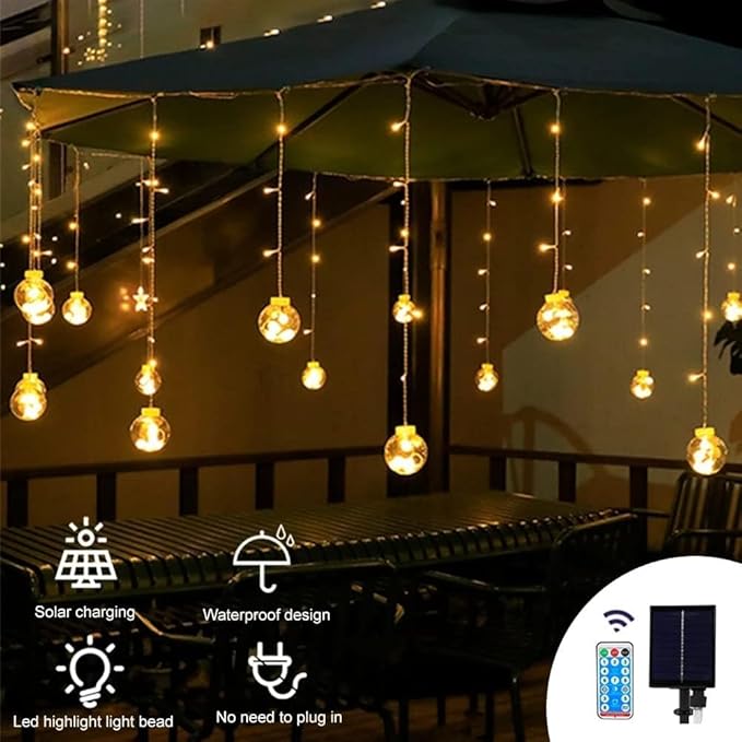 Solar Wishing Ball Fairy Curtain Lights, Waterproof 8 Modes Flashing String Lights with Remote Control for Bedroom, Christmas, Wedding, Party Decoration (Warm White)