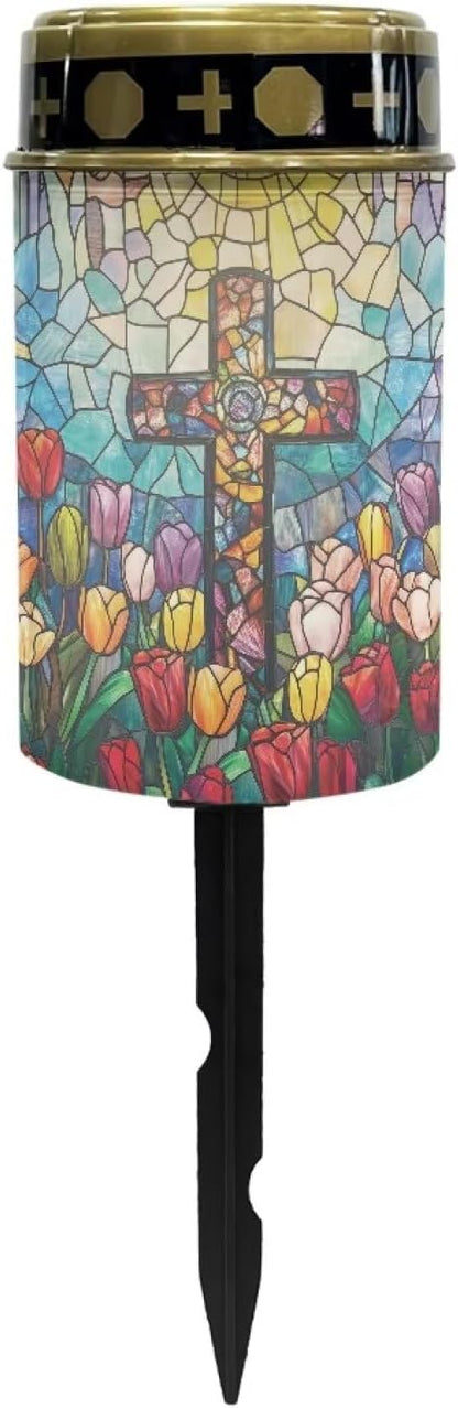 Solar Garden Lights, Cross Tulip Pattern Outside Waterproof Light for Garden Yard Pathway Cemetery Grave Decor Night Path Lights