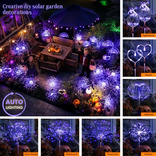 GIGALUMI 4 Pack Solar Firework Lights Outdoor, Halloween Decor, Purple