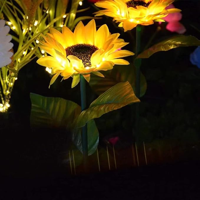 2 Pack Solar Sunflower Lights,Outdoor Garden Solar Powered Decorative Artificial Flower Stake for Patio Porch Christmas Gardening Bed Pathway Memorial Cemetery Grave Decor