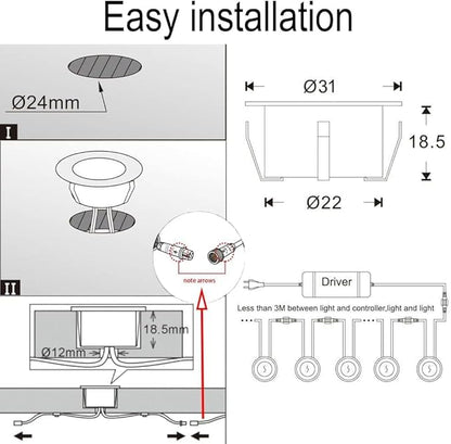 FVTLED LED Deck Lights Kit, 50pcs Φ1.22 WiFi Smart Phone Control Low Voltage Recessed RGBW Deck Lighting Waterproof Outdoor Yard Path Stair Decor, Black