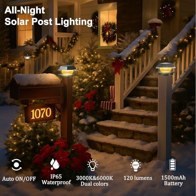 Solar Post Cap Light Outdoor, IP65 Waterproof Black Deck Post Lights for 4x4 Wood/Vinyl, Fence Posts Solar Lights with 2 Color Modes Decorate Backyard Garden Railing Mailbox Posts, 4 Pack