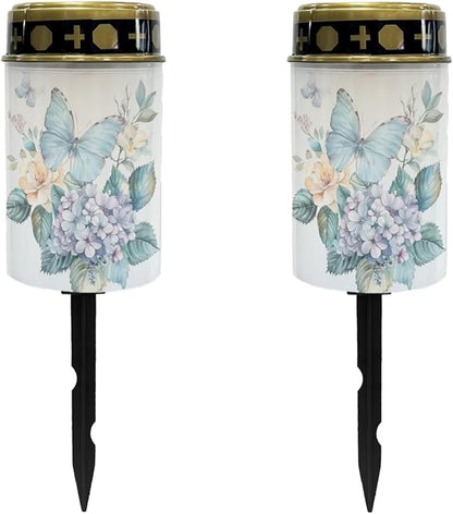 Butterfly Floral Cemetery Solar Lights for Grave 2 Pieces LED Solar Powered Outdoor Lights for Grave Yard Garden Decorative Solar Lights Waterproof Memorial Solar Lights for Loved Ones