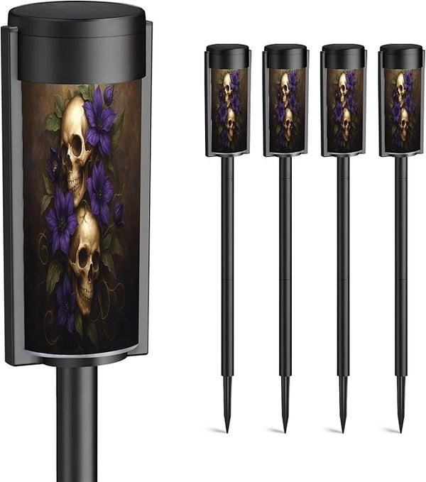 4 Pack Solar Pathway Lights Outdoor Waterproof Dark Purple Black Blue Skull Flowers Vintage Skulls Roses Leaves | Lumora