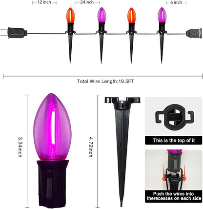 C9 Outdoor Halloween Pathway Lights, 19.5Ft 10 C9 LED Orange Purple Halloween Pathway Marker Stakes Light, Outdoor Walkway Lights Waterproof for Driveway Lawn Yard Sidewalk Garden