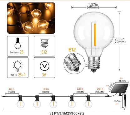 Sxminer Solar Outdoor String Lights, 31ft Wish 26LED Waterproof Shatterproof G40 Bulbs, USB Rechargeable Portable Edison Patio String Lights for Porch,Backyard, Garden, Pool, Party, Camping
