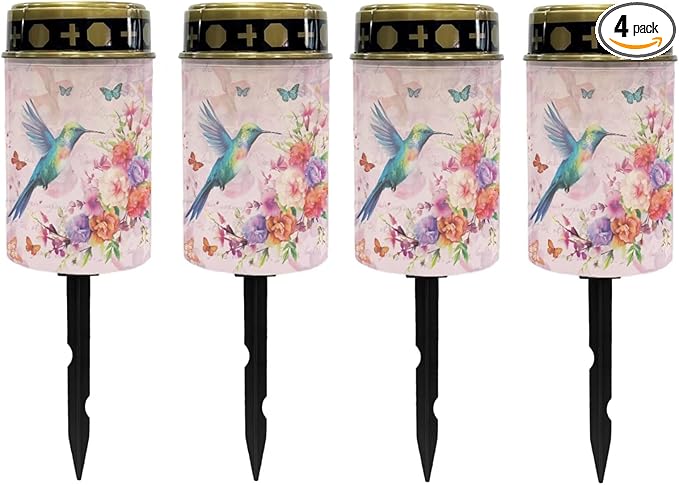 Poceacles Solar Candle Cemetery Solar Lights for Grave LED Garden Lights Solar Powered Solar Pathway Lights Outdoor Waterproof with Dusk to Dawn Sensor, Hummingbird Flower Butterfly Pink, Pack of 4