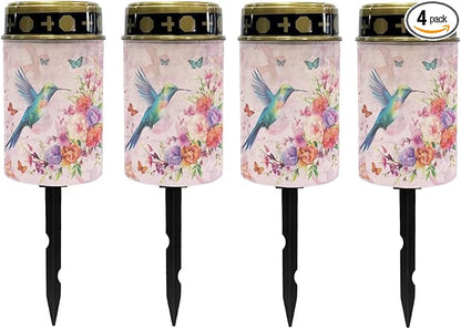 Poceacles Solar Candle Cemetery Solar Lights for Grave LED Garden Lights Solar Powered Solar Pathway Lights Outdoor Waterproof with Dusk to Dawn Sensor, Hummingbird Flower Butterfly Pink, Pack of 4