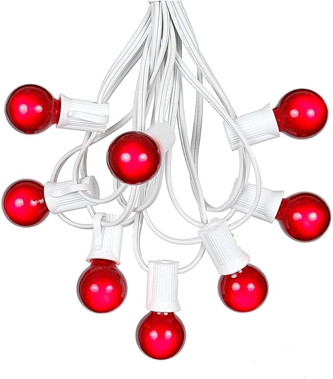 25 Foot G30 Outdoor Patio String Lights With 25 Red Globe Bulbs - Indoor/Outdoor Market Bistro Cafe Hanging Lights - C7/E12 Base - White Wire