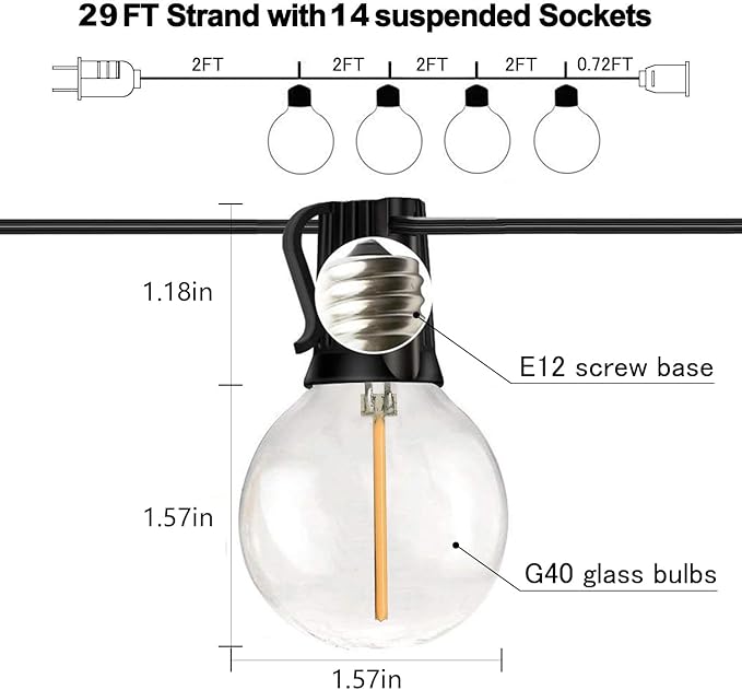 Banord 29FT Globe Outdoor String Lights, Shatterproof Patio Lights with 15 Dimmable Plastic Bulbs, Waterproof | Lumora