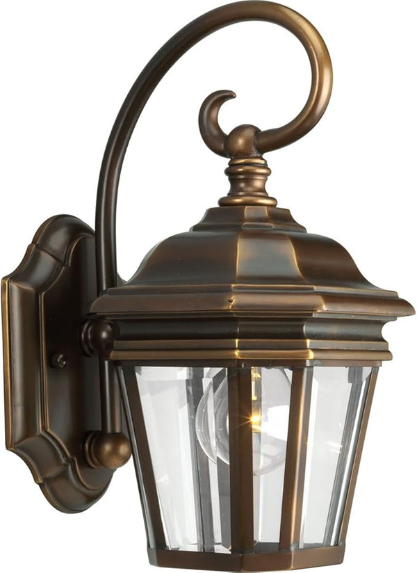 Progress Lighting P5670-108 1-Light Wall Lantern with Clear Beveled Glass Panels and Scroll Arm Details, Oil Rubbed | Lumora