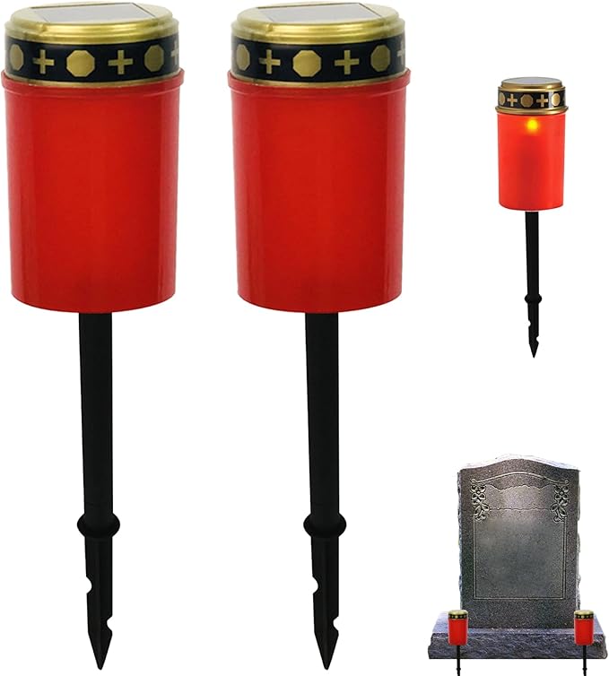 Solar Grave Lights 2PCS Waterproof Solar Cemetery Lights for Grave Flameless Solar Memorial Lights Outdoor Stake Lights for Grave Decorations Memorial Gifts Red, Grave Lights