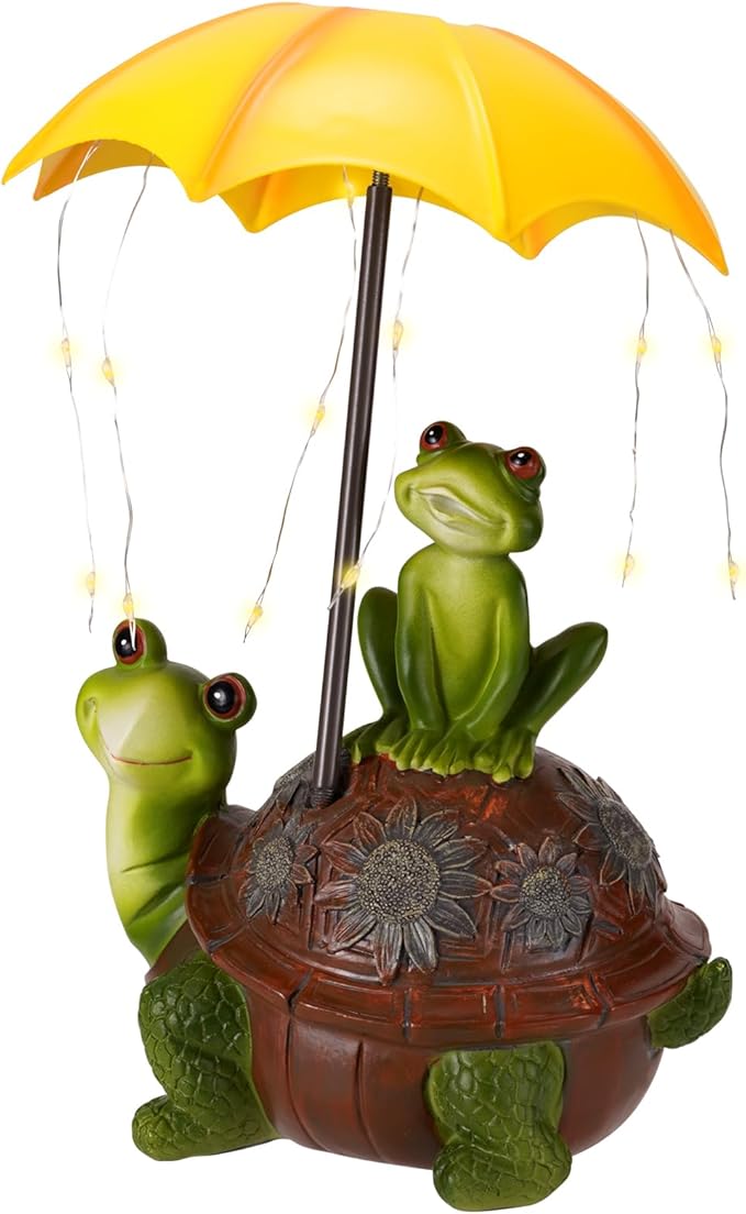 Solar Garden Statues Decor Turtle & Frog with LED Lights and Umbrella, Outdoor Garden Statues, Yard Statue Decorations for Patio, Balcony Housewarming, Lawn Ornaments Gifts for Women