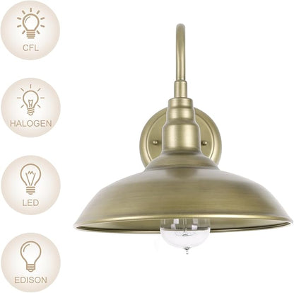 Brass Outdoor Gooseneck Light, 10'' Diameter Gooseneck Barn Wall Sconce for Porch, Exterior Waterproof Farmhouse Light Fixture with Wall Mount, 2 Pack, LM2201-GL-2P