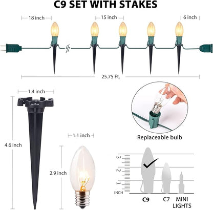 C9 Christmas Pathway String Lights Outdoor - 2 Pack Total 51.4 FT 40 Clear Lights with 40 Stakes, Connectable Waterproof Walkway Lights for Indoor Xmas Party Holiday Commercial Decoration, Warm White