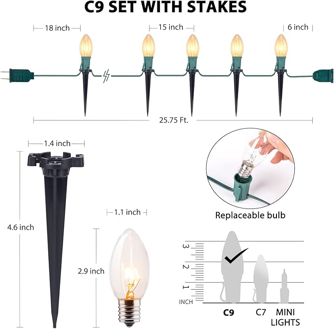 Brightown Christmas Pathway String Lights Outdoor - 25.7 Ft. C9 20 Clear Lights with 20 Stakes Connectable Waterproof for Indoor Xmas Party Holiday Commercial Decoration, Warm White