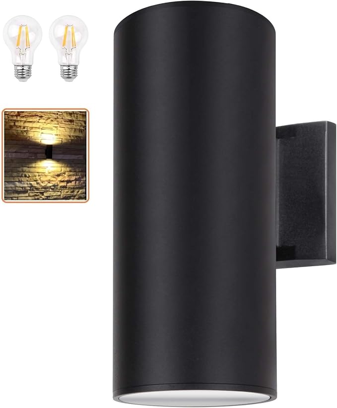 Outdoor Wall Light, Exterior Lighting - ETL Listed, 2 Light Bulbs Included, Aluminum Waterproof Wall Mount Cylinder Design - Up Down Light Fixture for Porch, Backyard and Patio