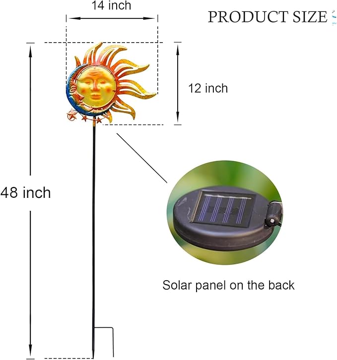 Solar Light Outdoor Garden Decoration Colorful Metal & Glass Sun Moon Star Valentine Stake Decorative Waterproof Warm White LED Yard Decor for Pathway Lawn Patio Backyard