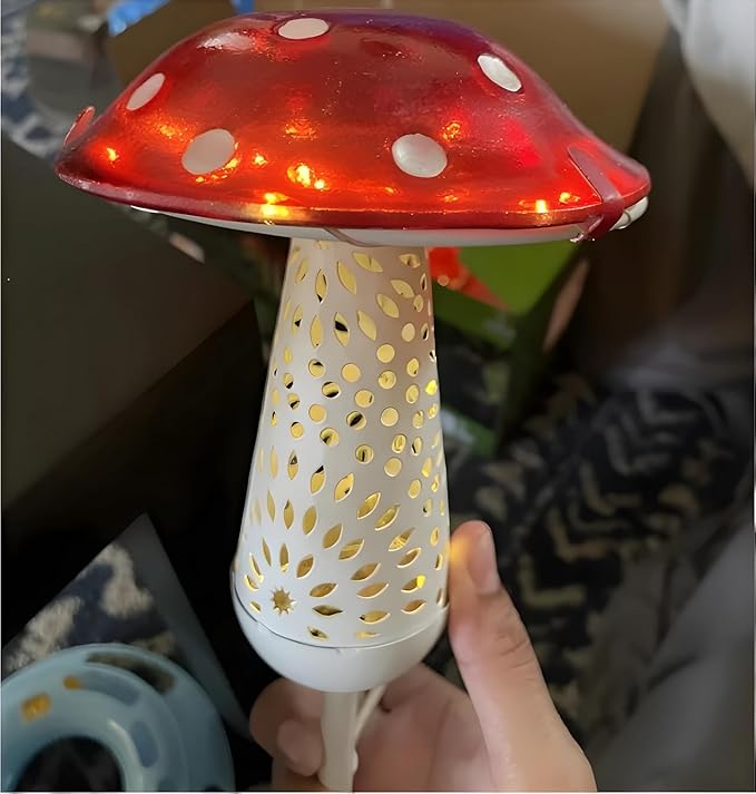 Giant Red Mushroom Solar Light - 12''H Glass and Metal Outdoor Decor Stake Light, 3-PACK, Large