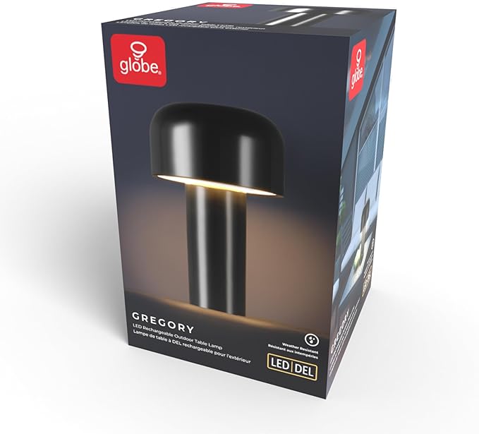 Globe Electric 60000118 8" 1.5W LED Integrated Outdoor Table Lamp, Black, Plug-in Rechargeable Battery, USB-C Cable, Frosted Acrylic Diffuser, 4-Step Dimmer Touch Switch, Wet Rated