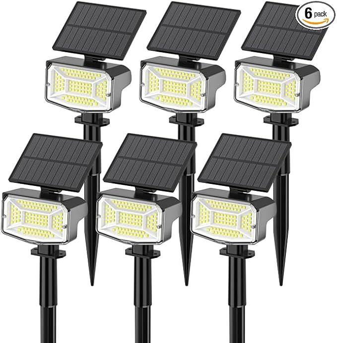 Large Solar Spot Lights Outdoor 6 Pack, 1000 Lumens High Brightness, IP67 Waterproof Solar Spotlight with 92 LEDs, Dusk to Dawn Solar Landscape Lights for Yard, Garden, Plants (Cool White)