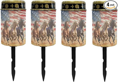 US Flag Horse Solar Lights Outdoor Garden Lights Waterproof Horse Pathway Lights Solar Powered Lantern Landscape Lighting LED Lantern for Outside Yard Patio