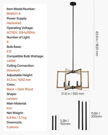 VEVOR 6-Light Chandelier, Metal Farmhouse Chandelier, Adjustable Height, Dining Room Hanging Light Fixture for Ceilings, Modern Chandelier for Bedroom, Foyer, Hall, Kitchen, Living Room and Entryway