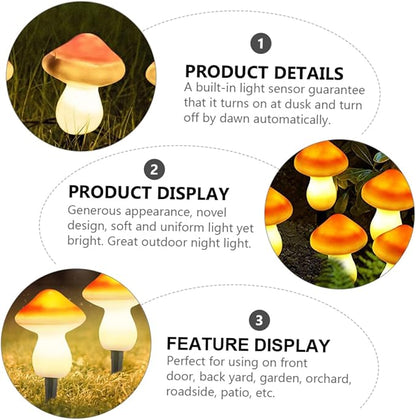 Hemoton Solar Powered Outdoor Garden Lights Led Mushroom Stake Lamp Auto-dimming Solar Pathway Light