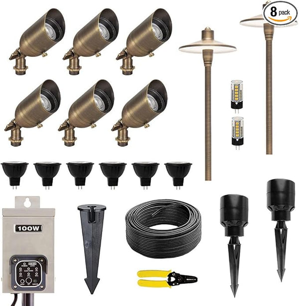 12V Brass LED Landscape Lighting Kit (6 Outdoor Spotlights, 2 Path Lights) with 100W Low Voltage Transformer for | Lumora